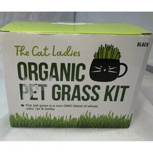 The Cat Ladies Organic Pet Cat Grass Growing Kit with Black Cat Mug Planter